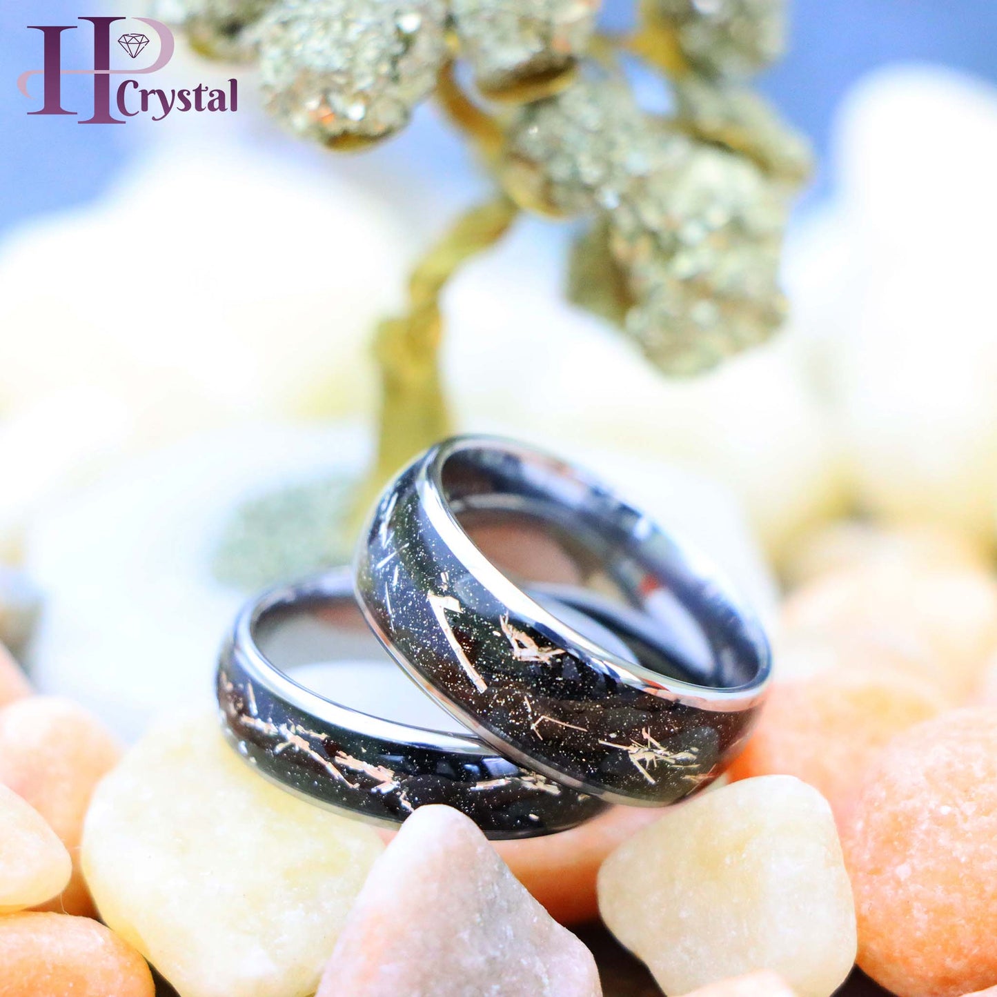 Domed Ring with Imitation Meteorite on Black Carbon Fiber Inlay Tungsten Ring