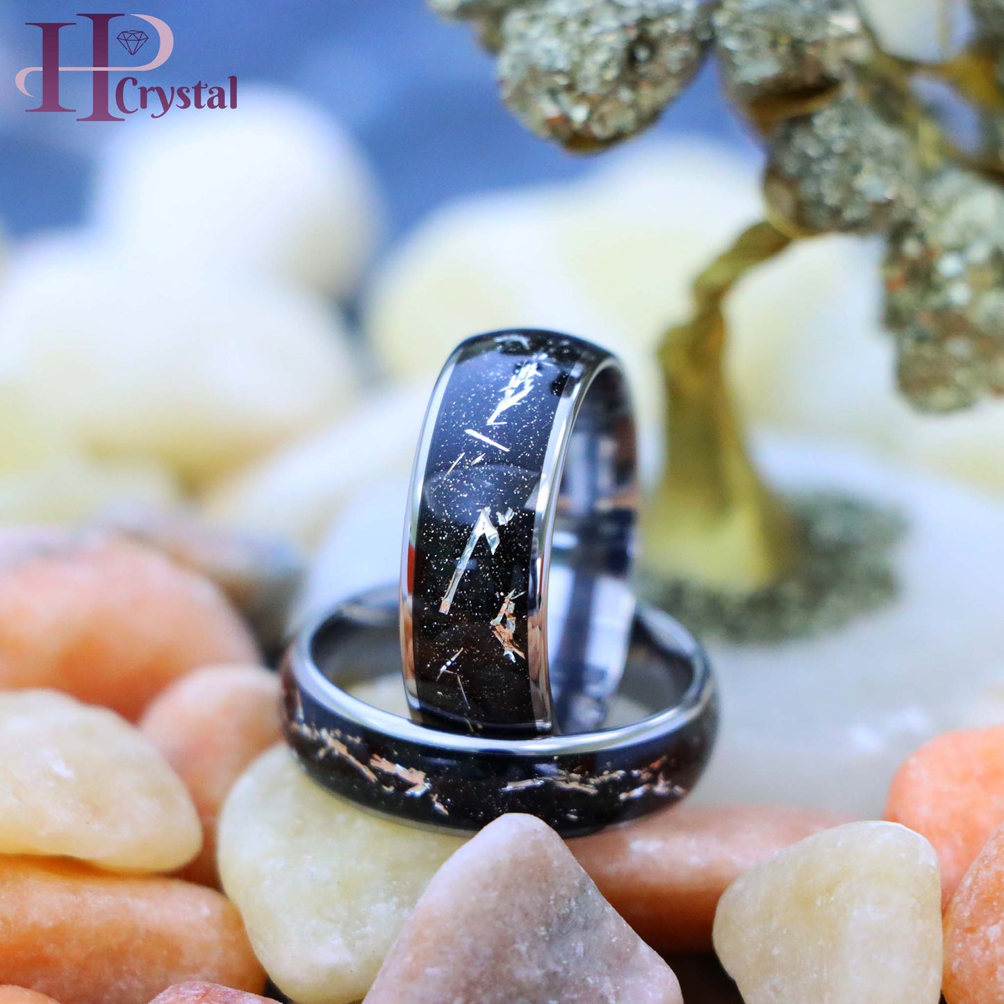 Domed Ring with Imitation Meteorite on Black Carbon Fiber Inlay Tungsten Ring