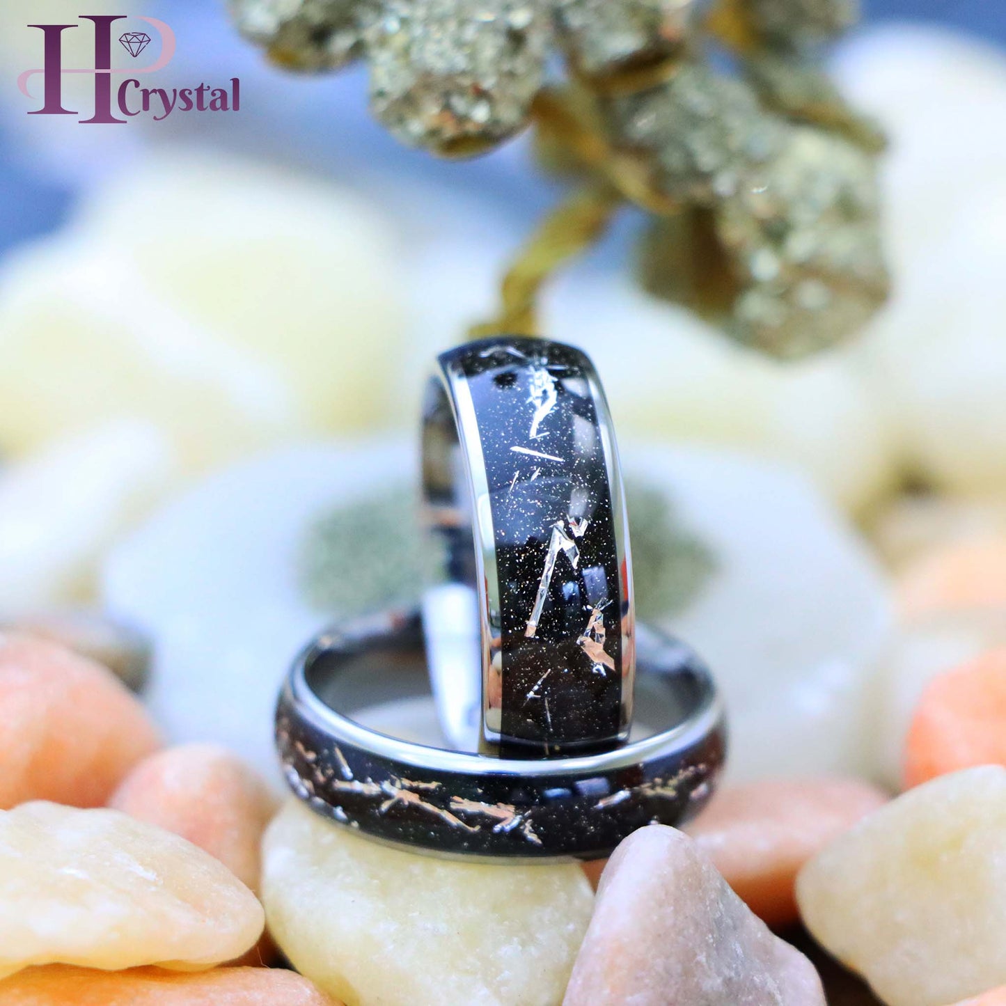 Domed Ring with Imitation Meteorite on Black Carbon Fiber Inlay Tungsten Ring