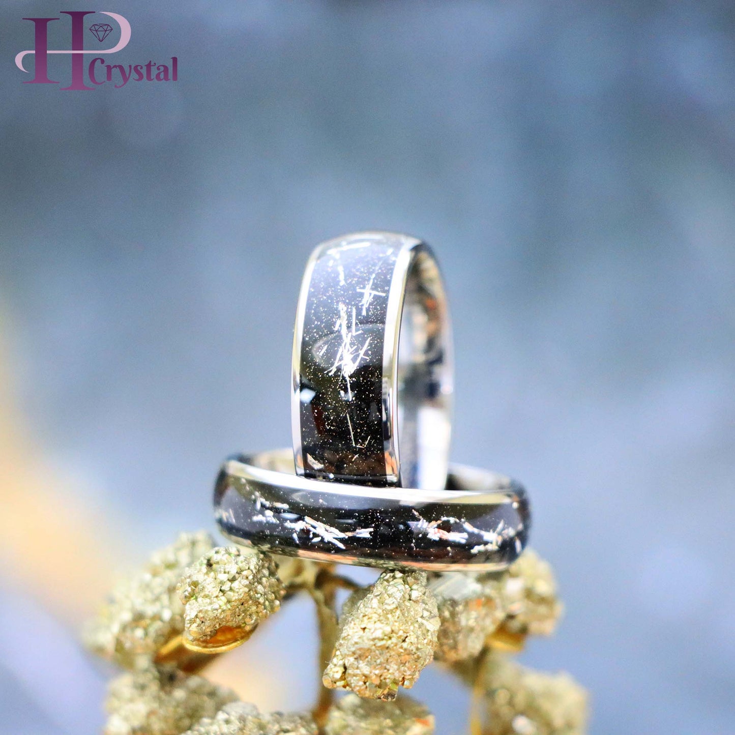 Domed Ring with Imitation Meteorite on Black Carbon Fiber Inlay Tungsten Ring