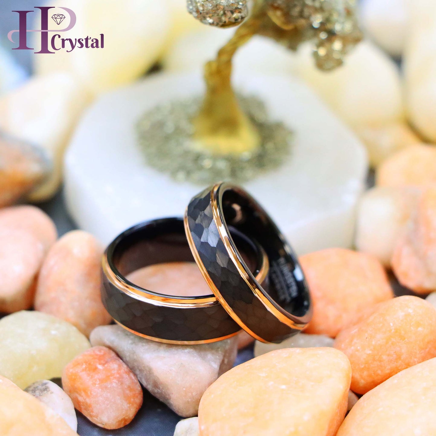 Two-Tone Black & Rose Gold IP Plated Hammered Center Tungsten Ring