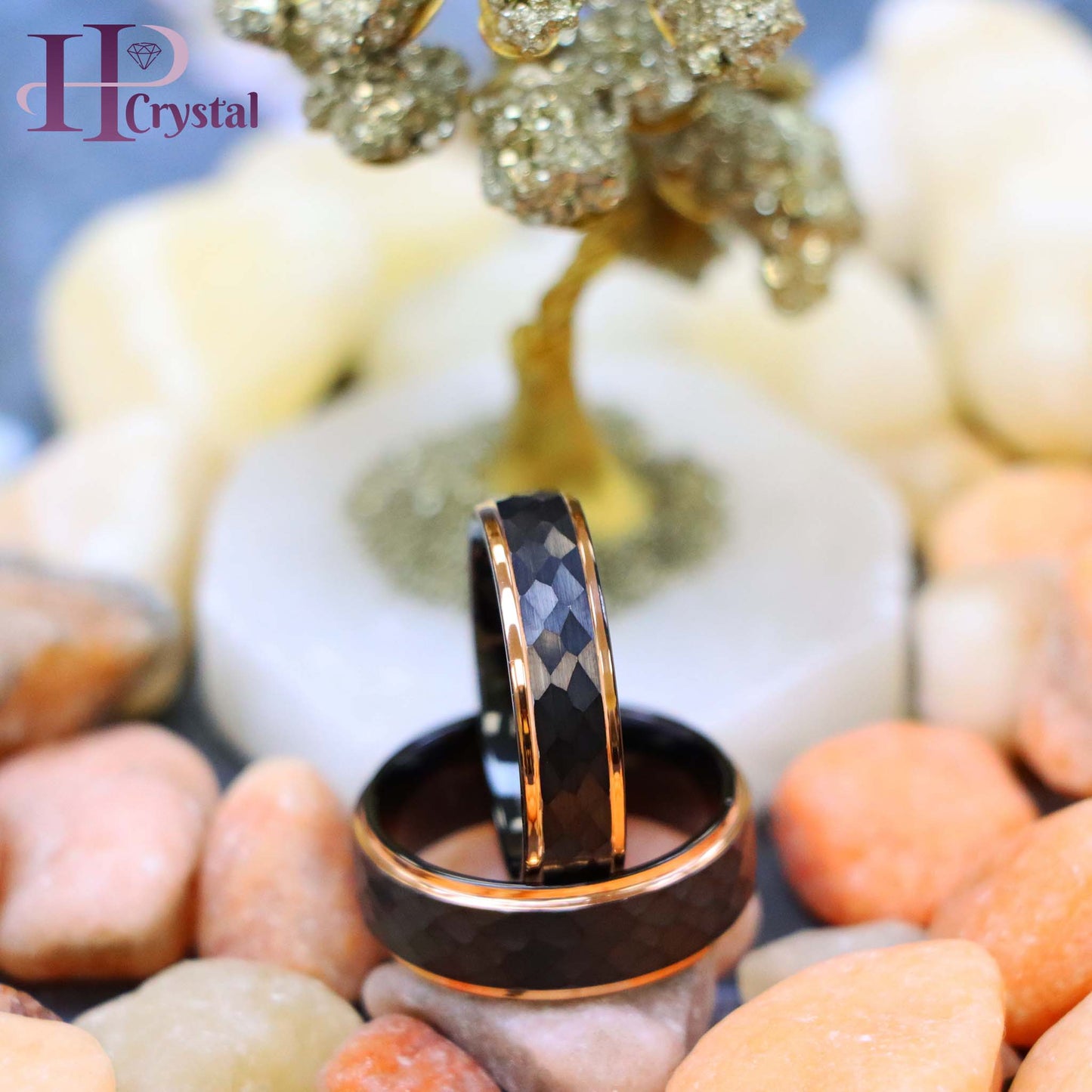 Two-Tone Black & Rose Gold IP Plated Hammered Center Tungsten Ring