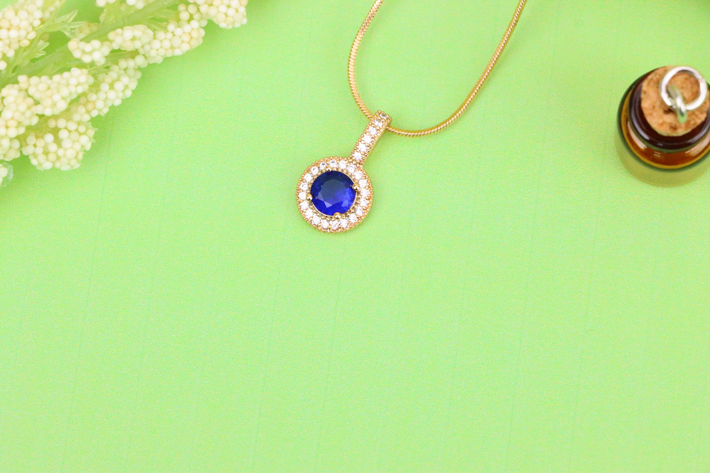 Gold Plated Blue Round Pendant with Crystal Halo for Women, XPPT1739 (2151-4)
