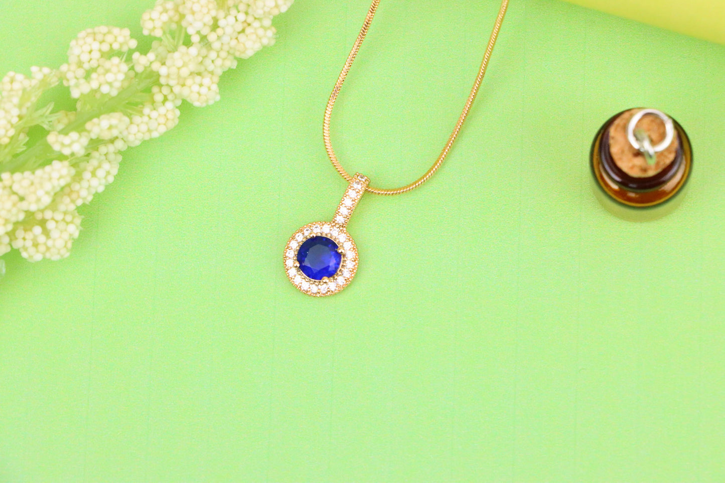 Gold Plated Blue Round Pendant with Crystal Halo for Women, XPPT1739 (2151-4)