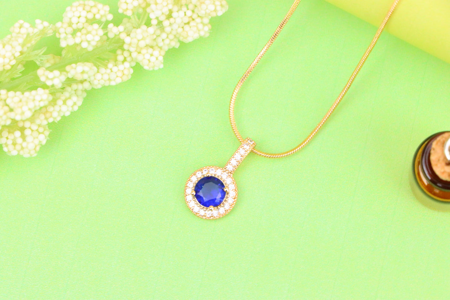 Gold Plated Blue Round Pendant with Crystal Halo for Women, XPPT1739 (2151-4)