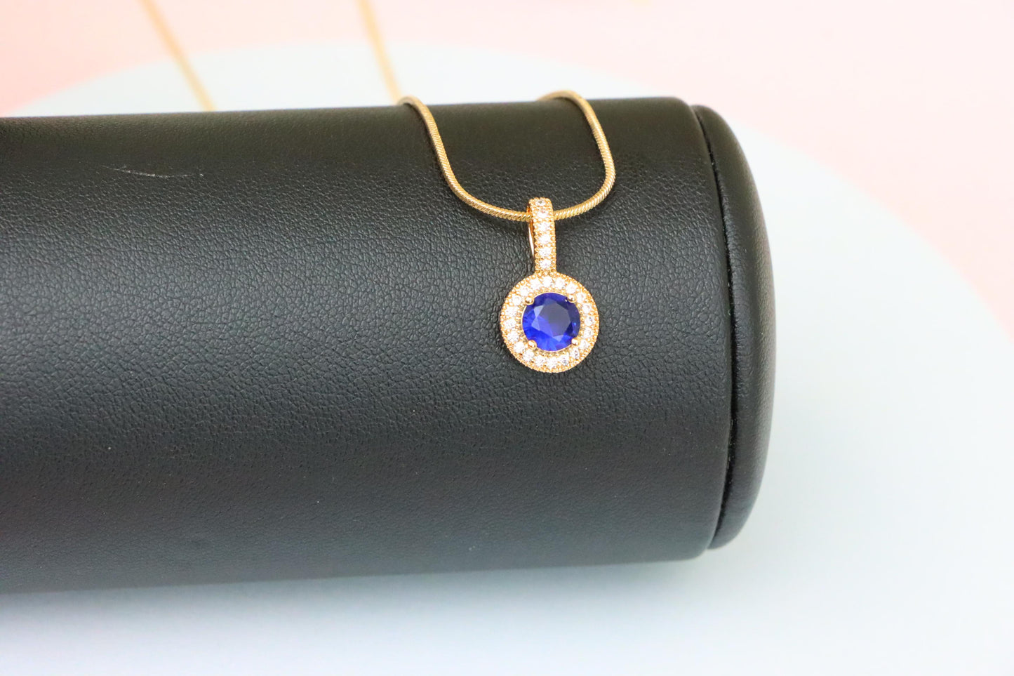 Gold Plated Blue Round Pendant with Crystal Halo for Women, XPPT1739 (2151-4)