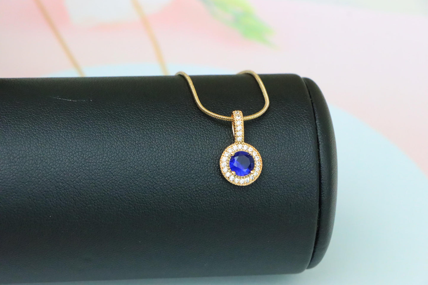 Gold Plated Blue Round Pendant with Crystal Halo for Women, XPPT1739 (2151-4)