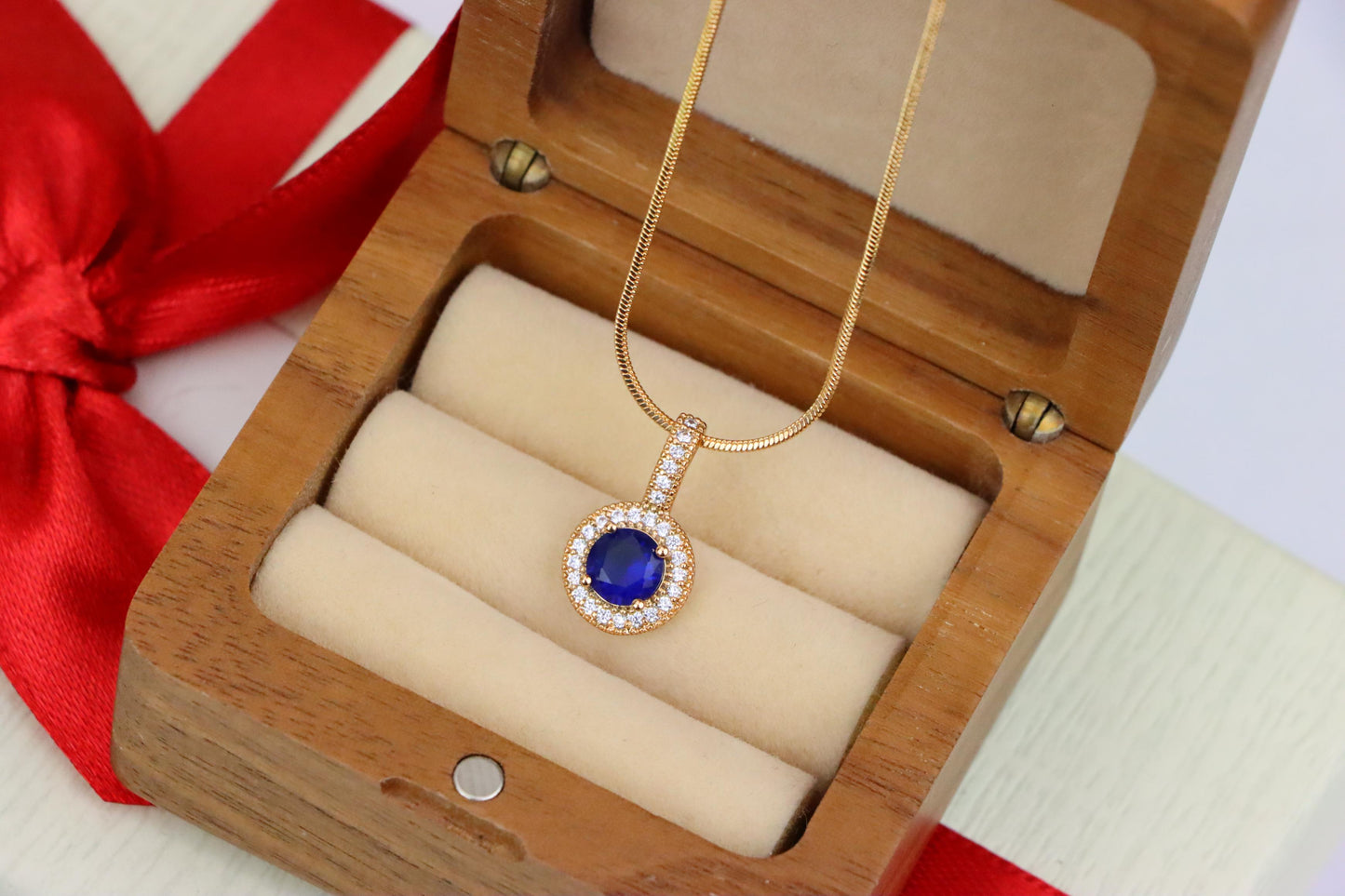 Gold Plated Blue Round Pendant with Crystal Halo for Women, XPPT1739 (2151-4)