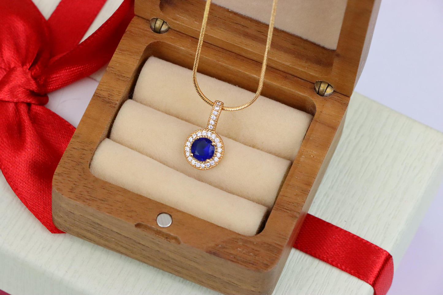 Gold Plated Blue Round Pendant with Crystal Halo for Women, XPPT1739 (2151-4)