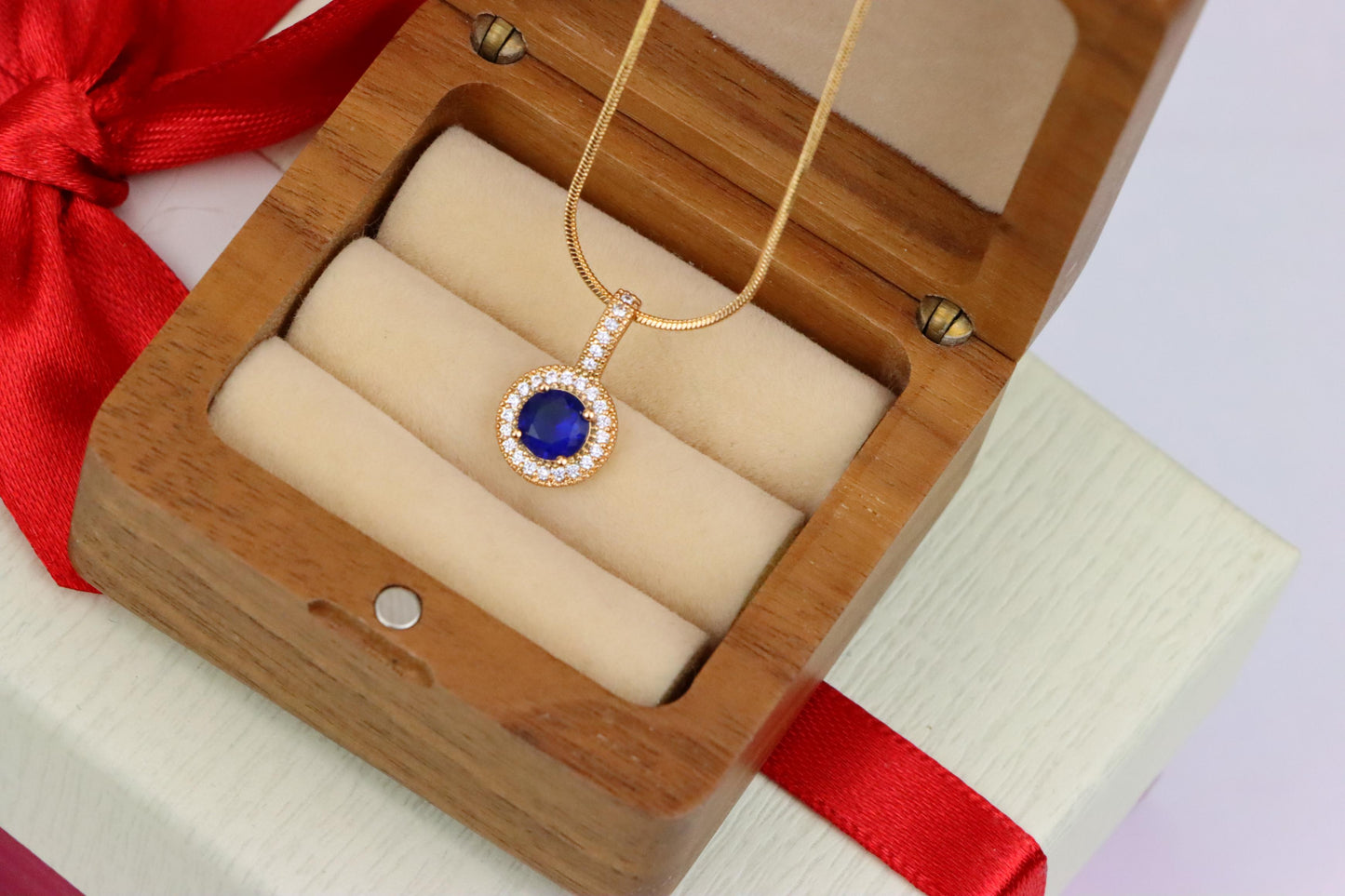 Gold Plated Blue Round Pendant with Crystal Halo for Women, XPPT1739 (2151-4)