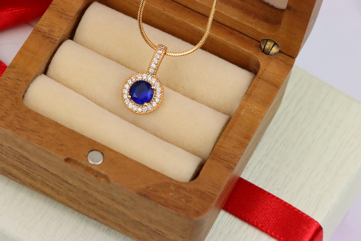 Gold Plated Blue Round Pendant with Crystal Halo for Women, XPPT1739 (2151-4)