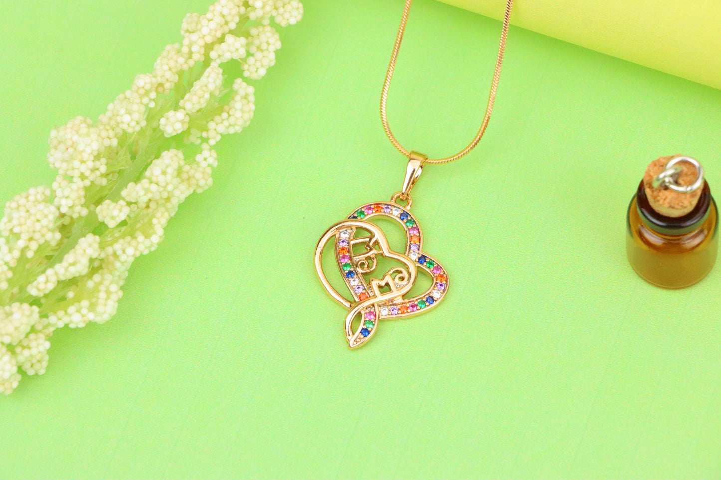 Colorful Mom Heart Pendant in Rose Gold with Rainbow CZ, XPPT1287 (2129-3)