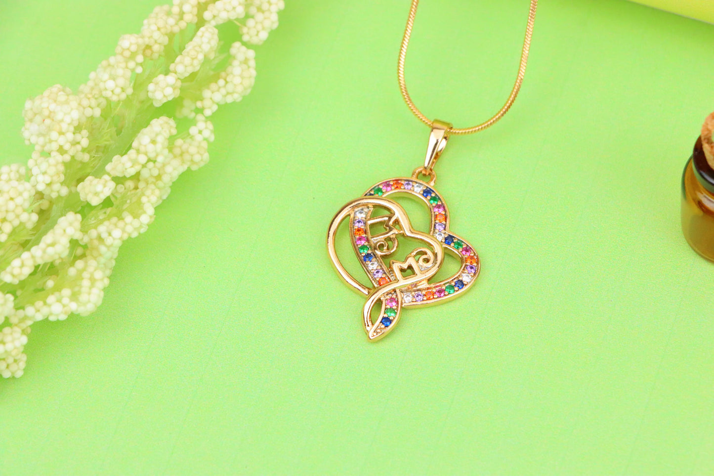 Colorful Mom Heart Pendant in Rose Gold with Rainbow CZ, XPPT1287 (2129-3)