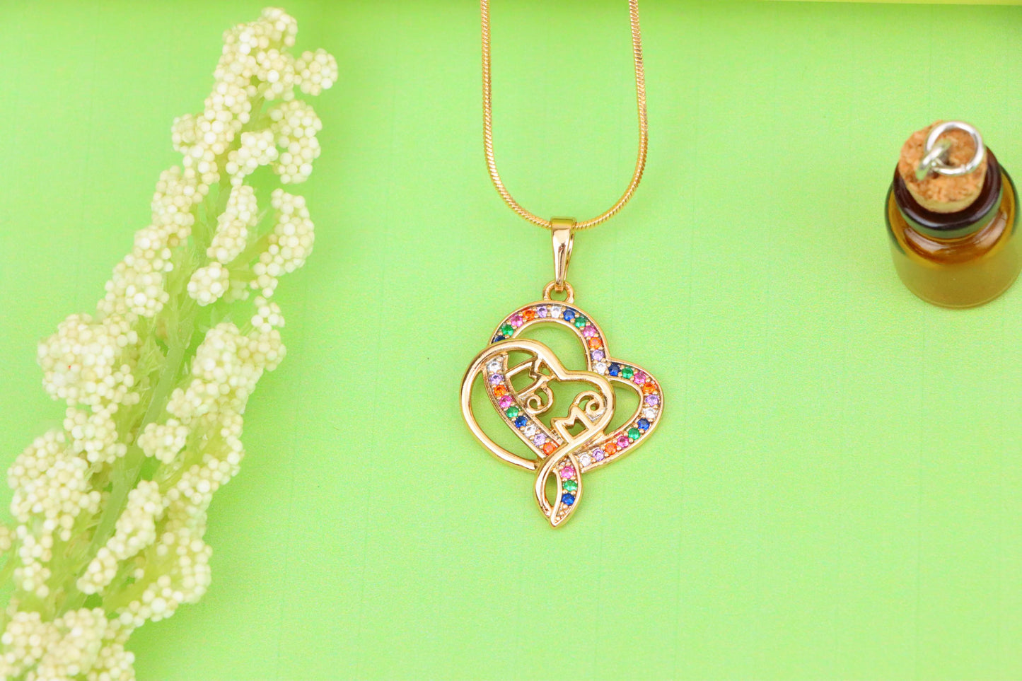 Colorful Mom Heart Pendant in Rose Gold with Rainbow CZ, XPPT1287 (2129-3)