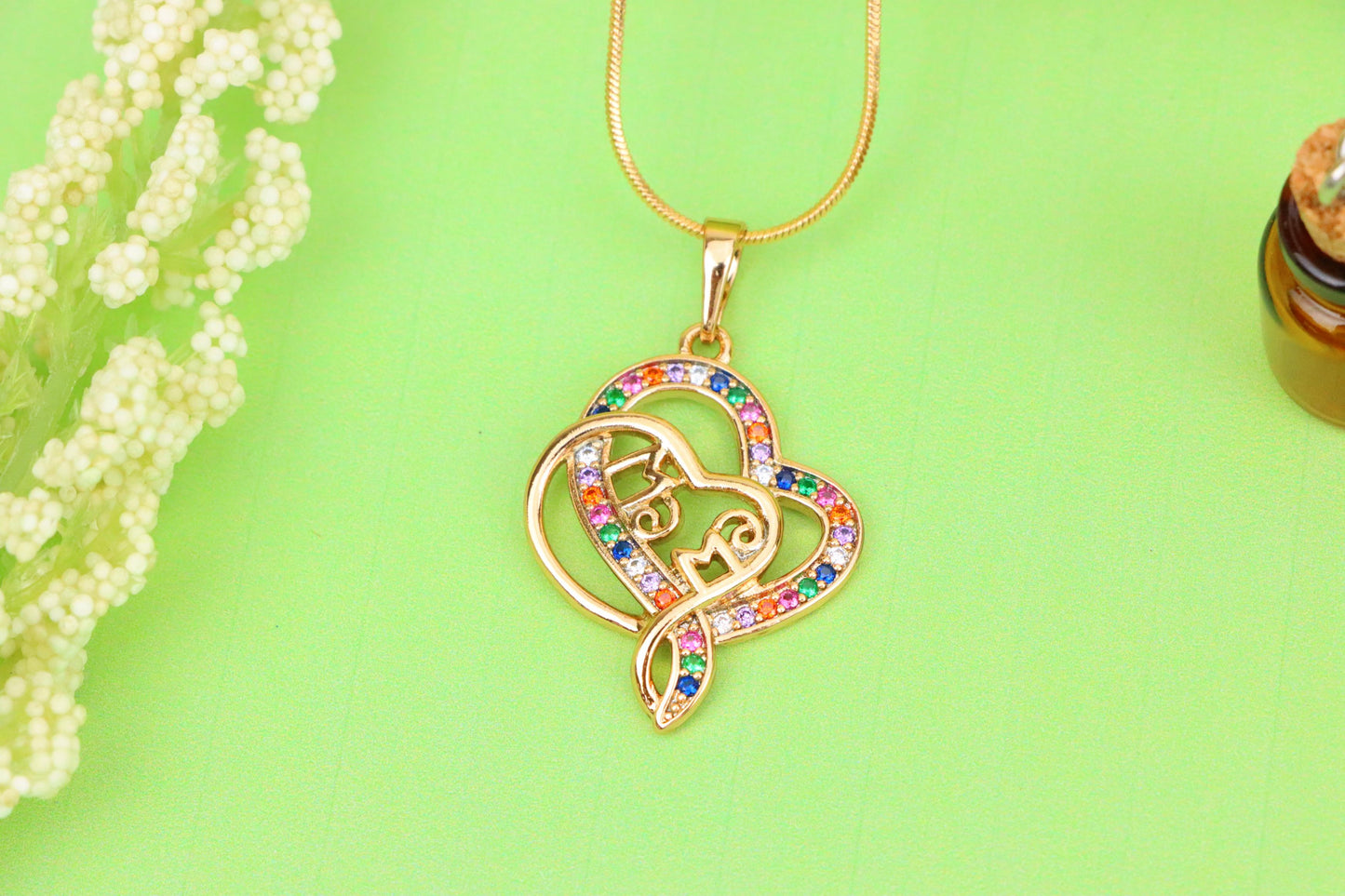 Colorful Mom Heart Pendant in Rose Gold with Rainbow CZ, XPPT1287 (2129-3)