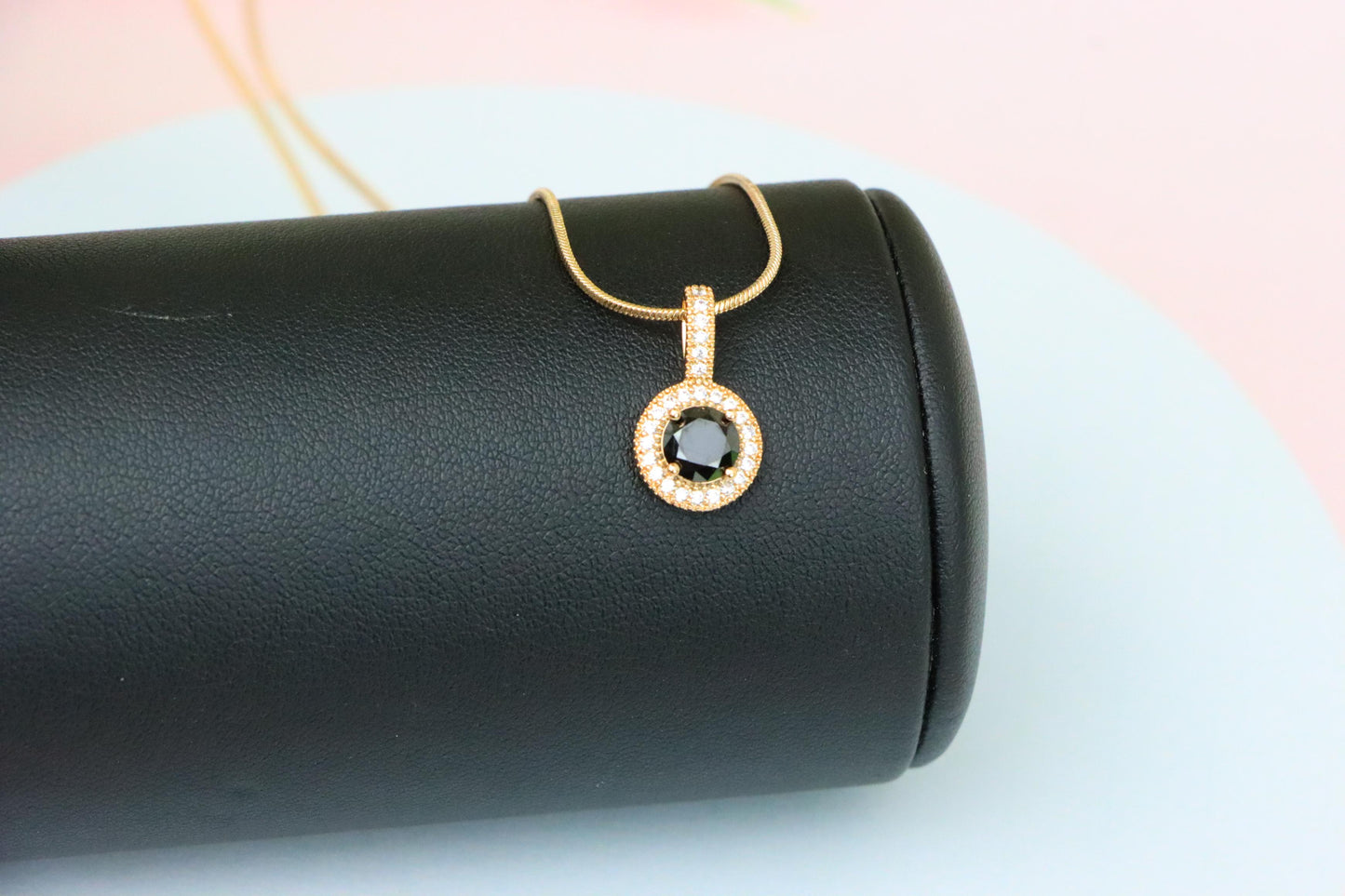 Gold Plated Black Round Pendant with Crystal Halo for Women, XPPT1740 (2151-4)