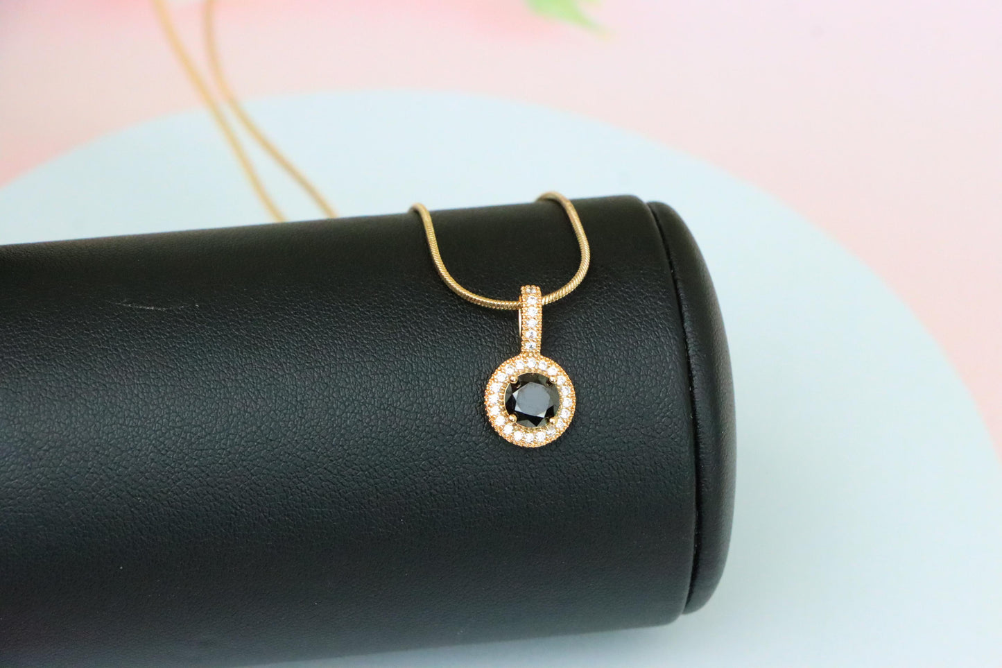 Gold Plated Black Round Pendant with Crystal Halo for Women, XPPT1740 (2151-4)