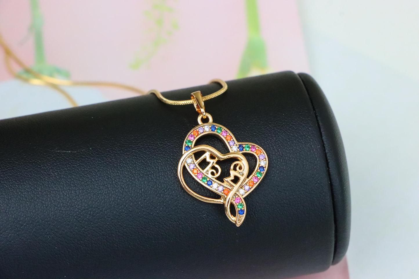 Colorful Mom Heart Pendant in Rose Gold with Rainbow CZ, XPPT1287 (2129-3)