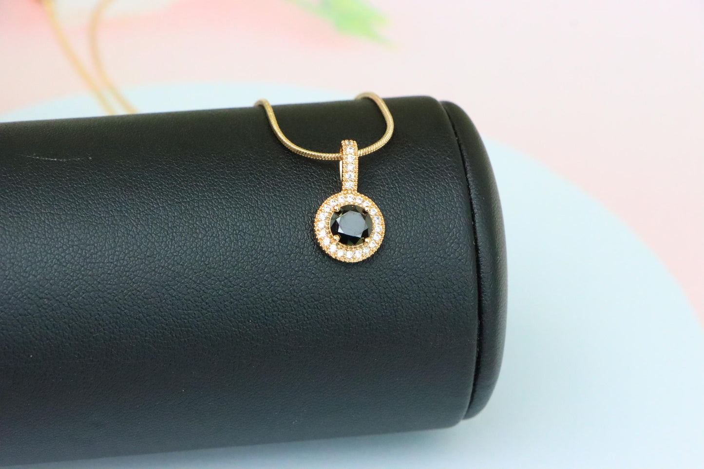 Gold Plated Black Round Pendant with Crystal Halo for Women, XPPT1740 (2151-4)