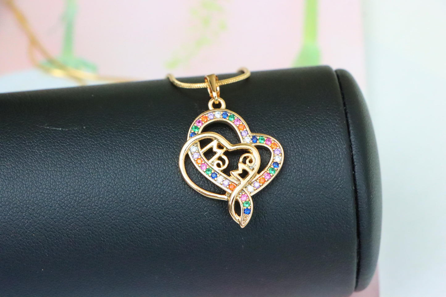 Colorful Mom Heart Pendant in Rose Gold with Rainbow CZ, XPPT1287 (2129-3)