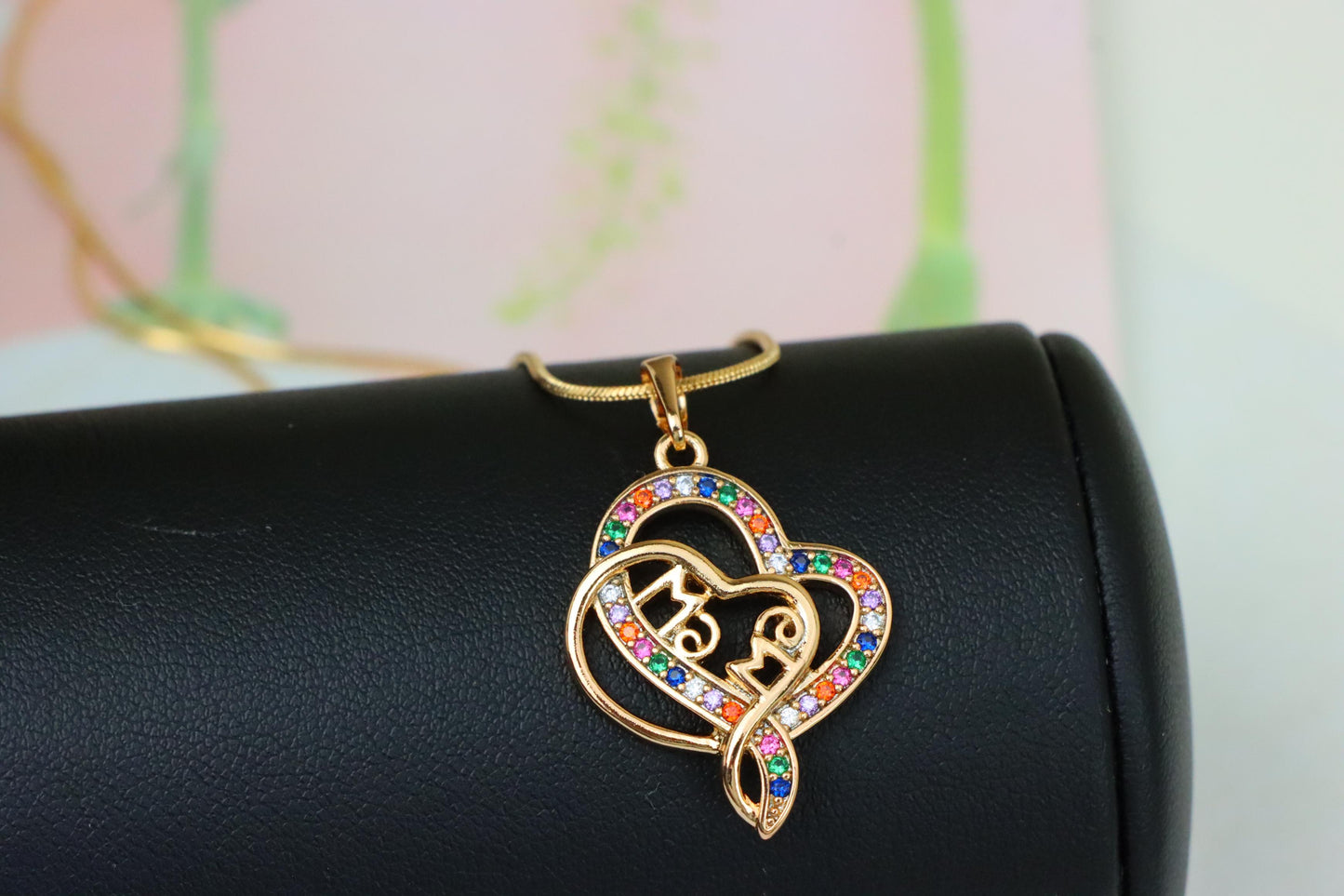 Colorful Mom Heart Pendant in Rose Gold with Rainbow CZ, XPPT1287 (2129-3)