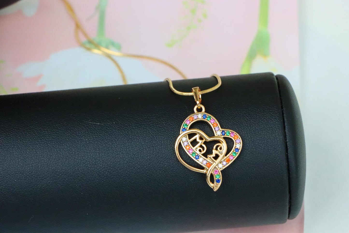 Colorful Mom Heart Pendant in Rose Gold with Rainbow CZ, XPPT1287 (2129-3)