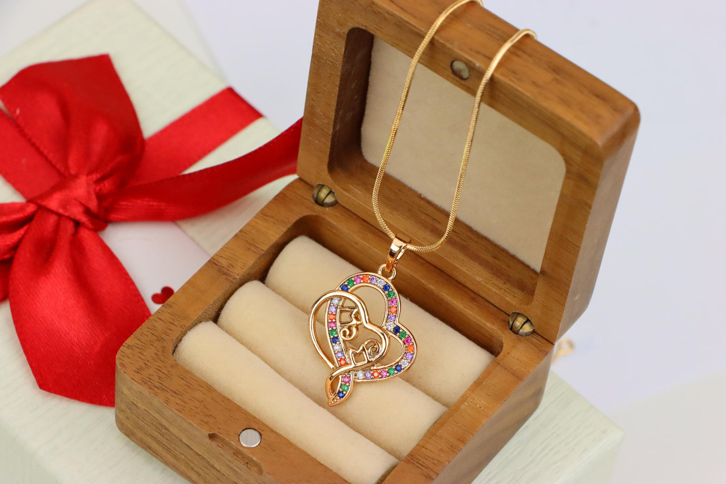 Colorful Mom Heart Pendant in Rose Gold with Rainbow CZ, XPPT1287 (2129-3)