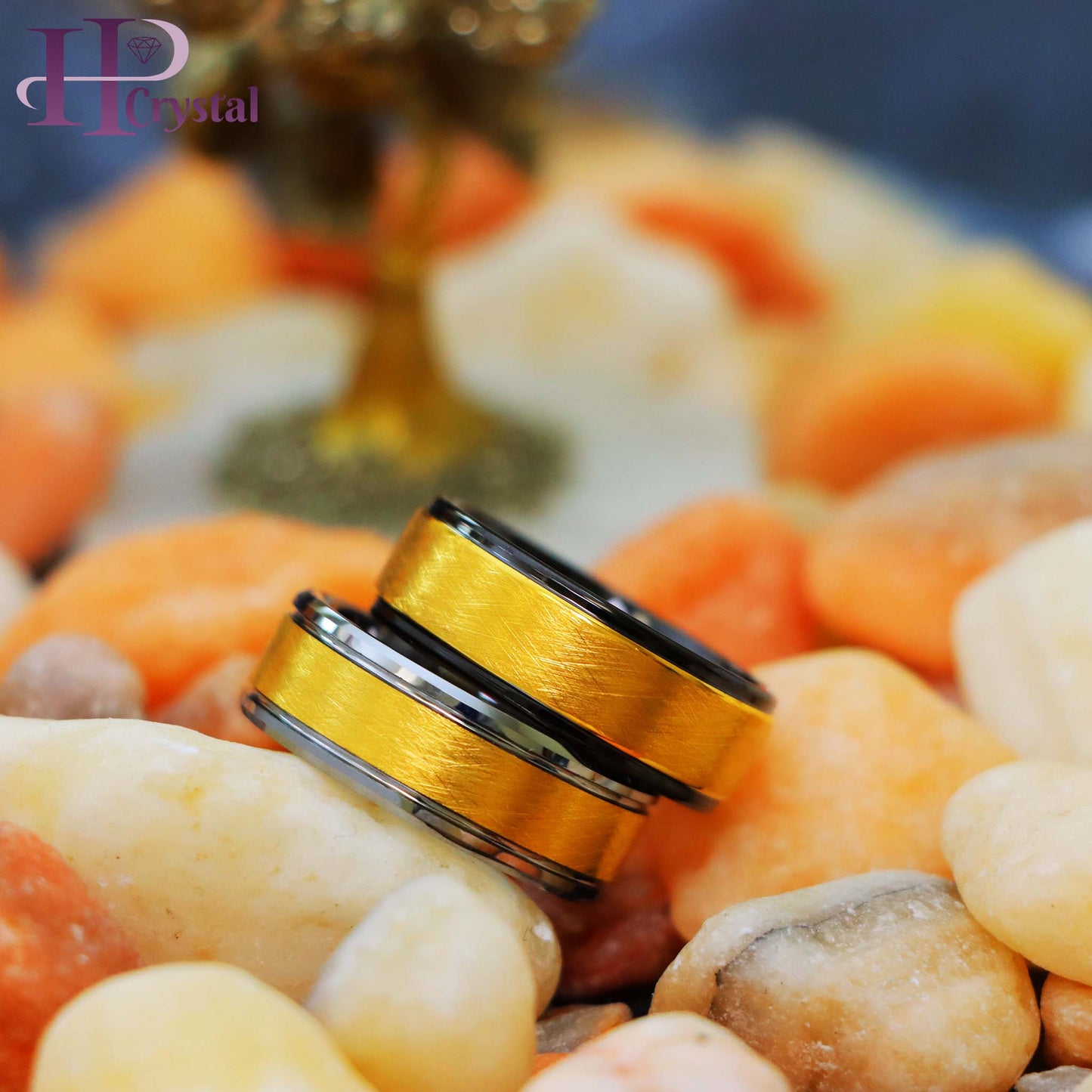 Yellow Gold IP Plated Ice Finish Center Tungsten Ring with Stepped/Beveled Edge Ring