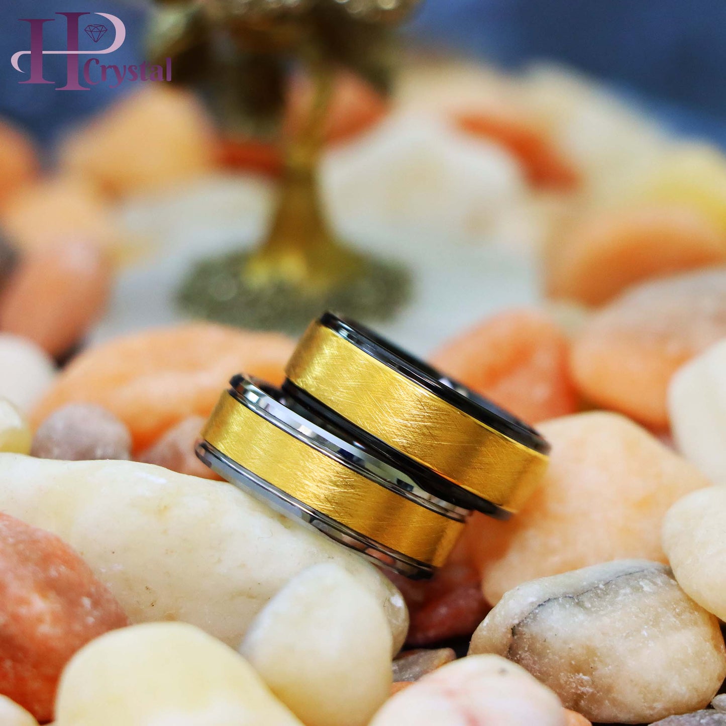 Yellow Gold IP Plated Ice Finish Center Tungsten Ring with Stepped/Beveled Edge Ring