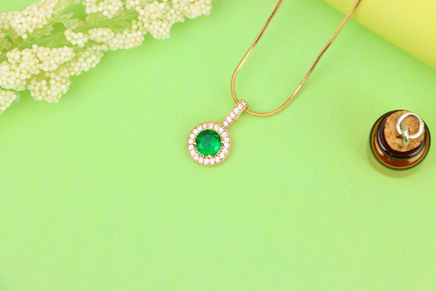 Elegant Gold Plated Green Stone Pendant with Crystal Halo Design, XPPT1741 (2151-4)