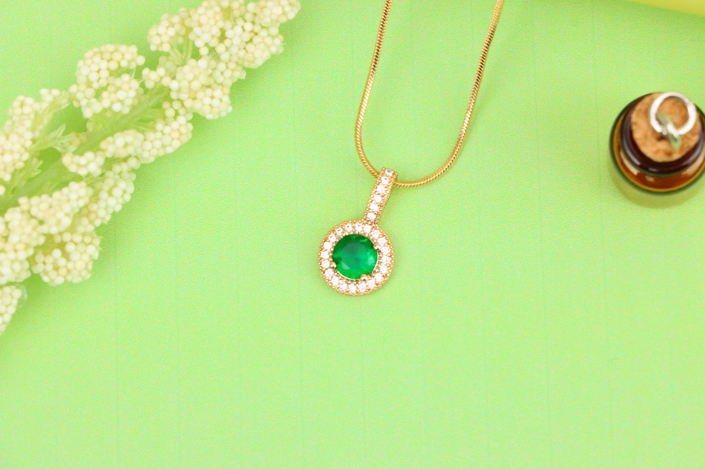 Elegant Gold Plated Green Stone Pendant with Crystal Halo Design, XPPT1741 (2151-4)