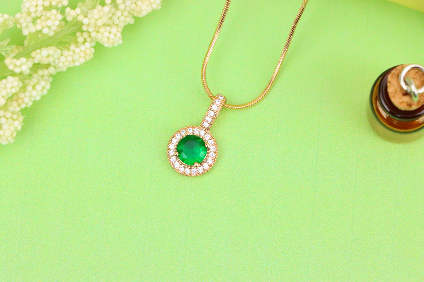 Elegant Gold Plated Green Stone Pendant with Crystal Halo Design, XPPT1741 (2151-4)