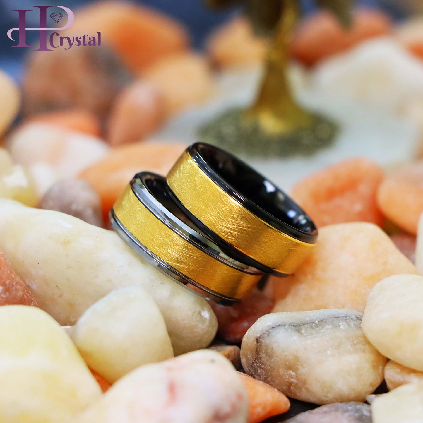 Yellow Gold IP Plated Ice Finish Center Tungsten Ring with Stepped/Beveled Edge Ring