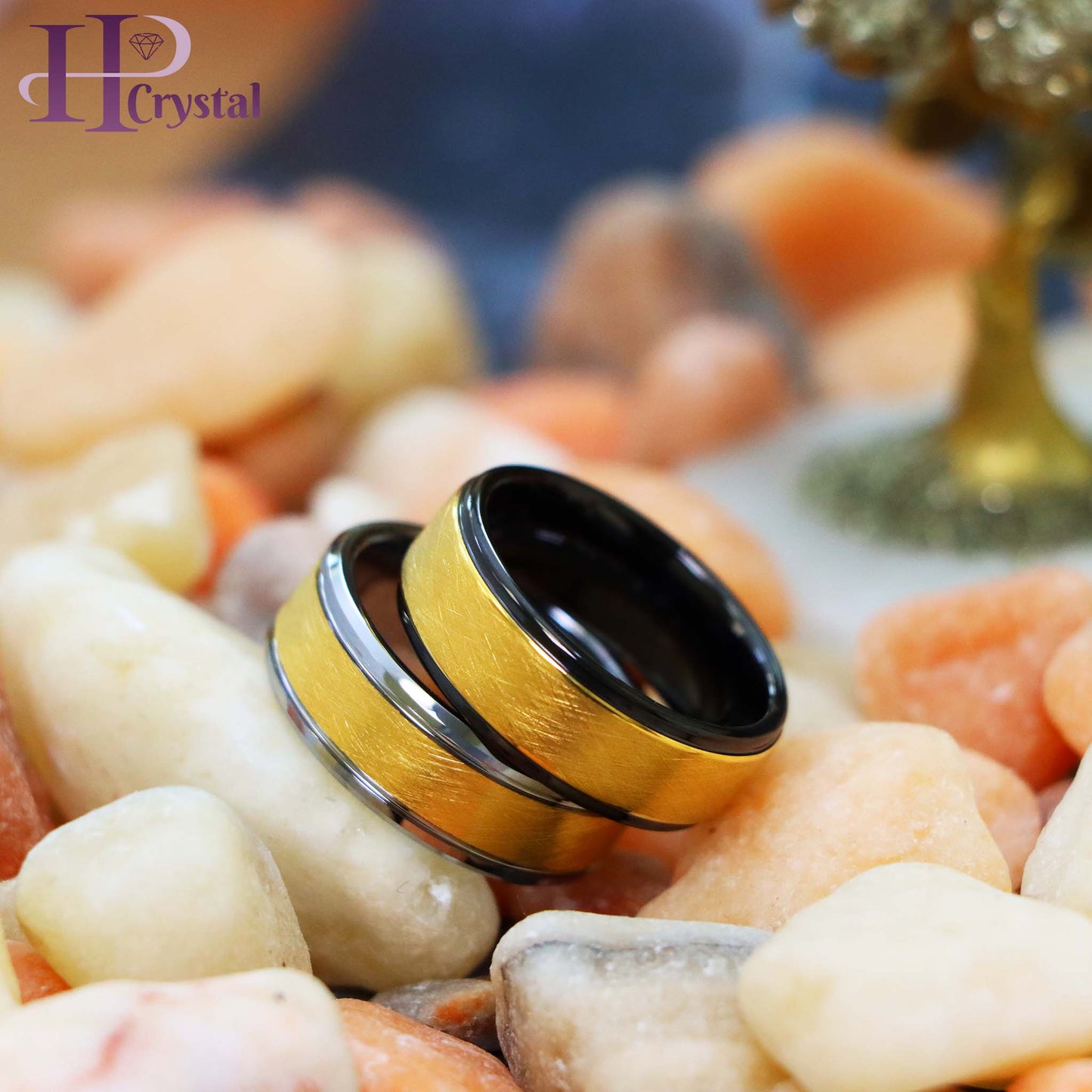 Yellow Gold IP Plated Ice Finish Center Tungsten Ring with Stepped/Beveled Edge Ring