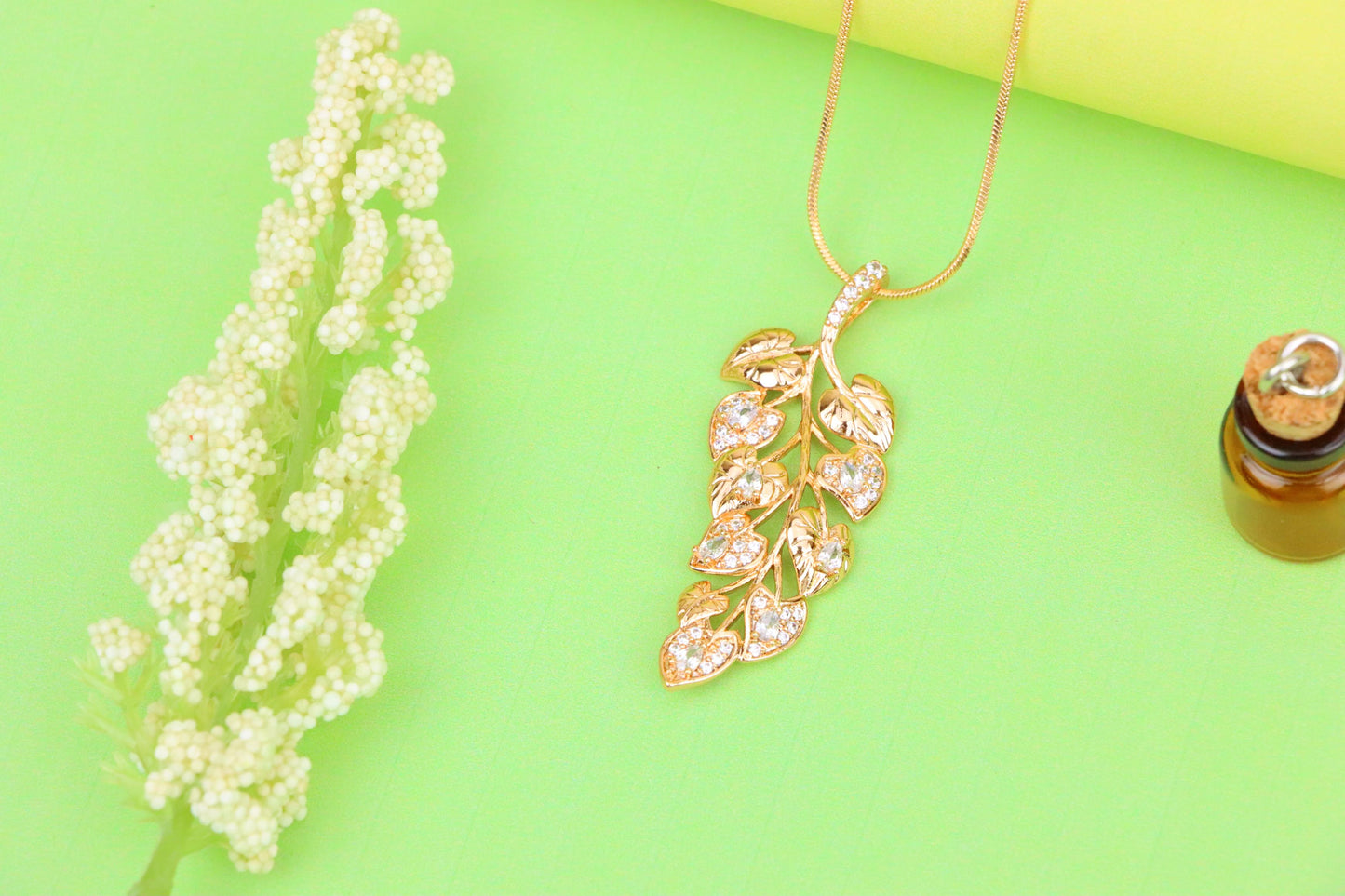 Stylish Rose Gold Leaf Necklace with Sparkling CZ, XPNL1288 (2129-4)
