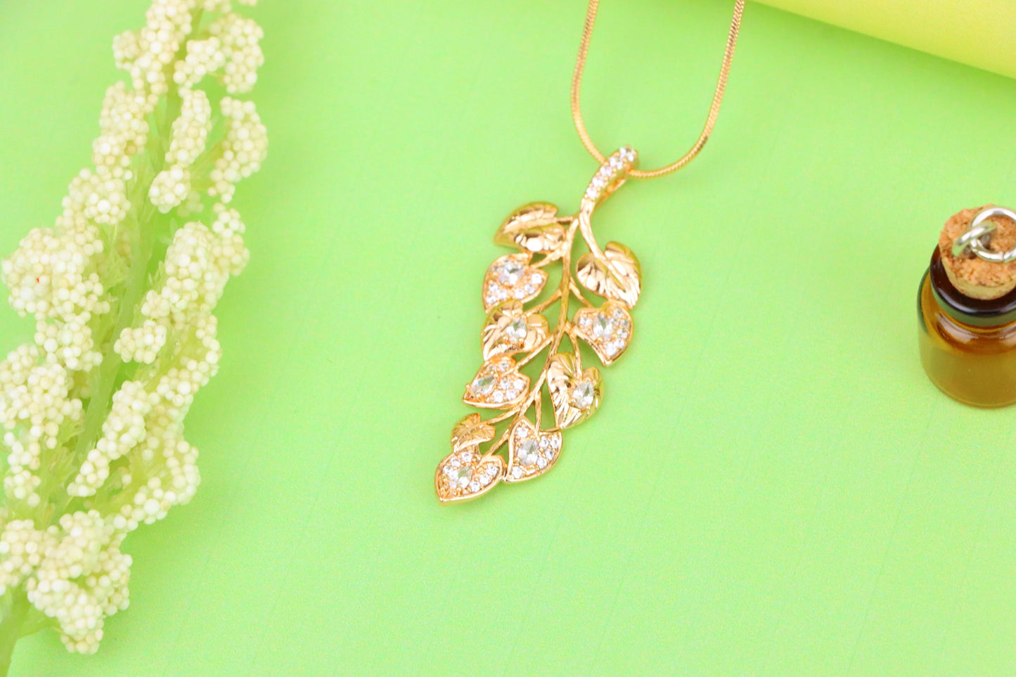 Stylish Rose Gold Leaf Necklace with Sparkling CZ, XPNL1288 (2129-4)