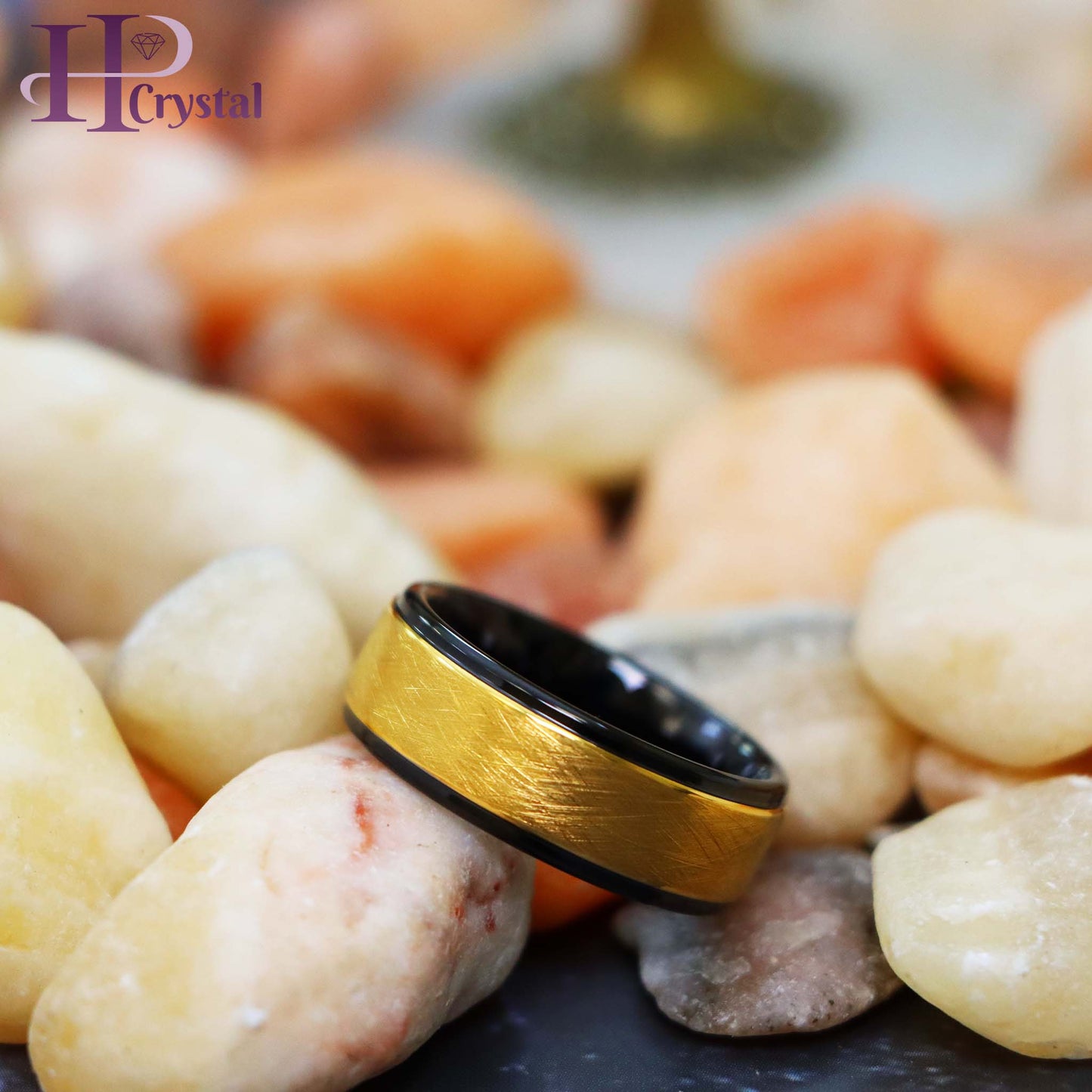 Yellow Gold IP Plated Ice Finish Center Tungsten Ring with Stepped/Beveled Edge Ring