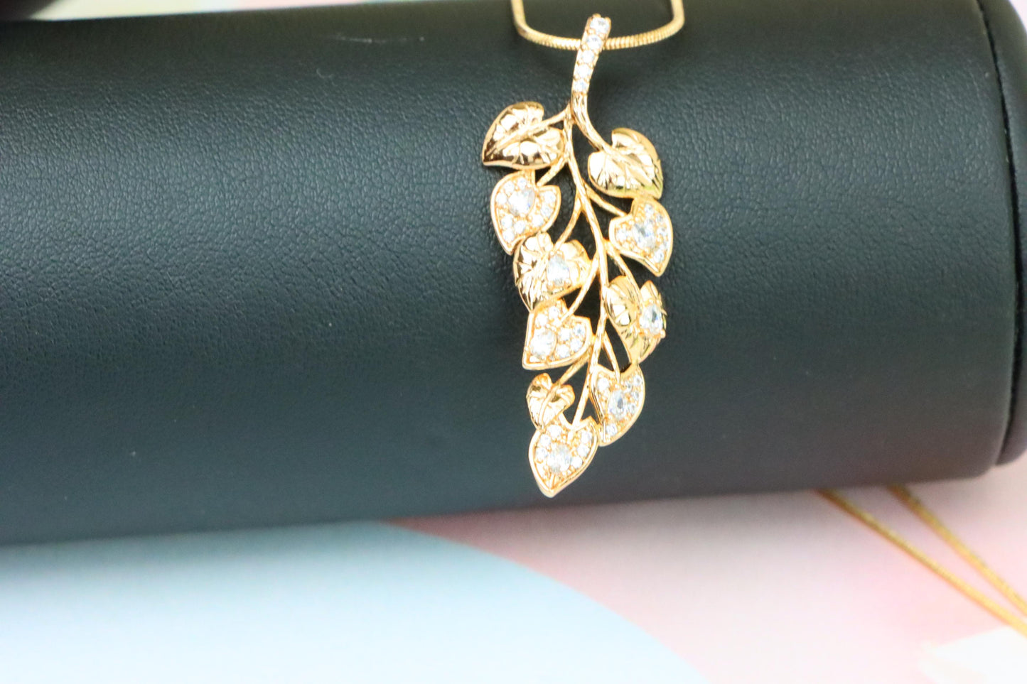 Stylish Rose Gold Leaf Necklace with Sparkling CZ, XPNL1288 (2129-4)