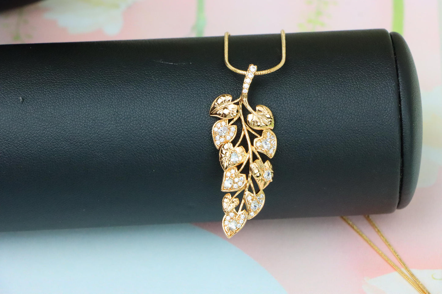 Stylish Rose Gold Leaf Necklace with Sparkling CZ, XPNL1288 (2129-4)