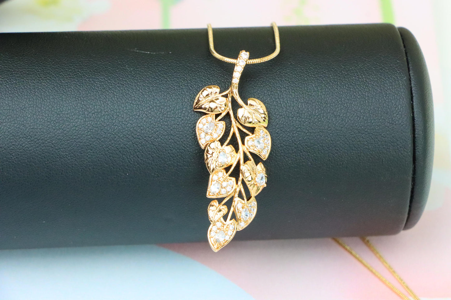 Stylish Rose Gold Leaf Necklace with Sparkling CZ, XPNL1288 (2129-4)