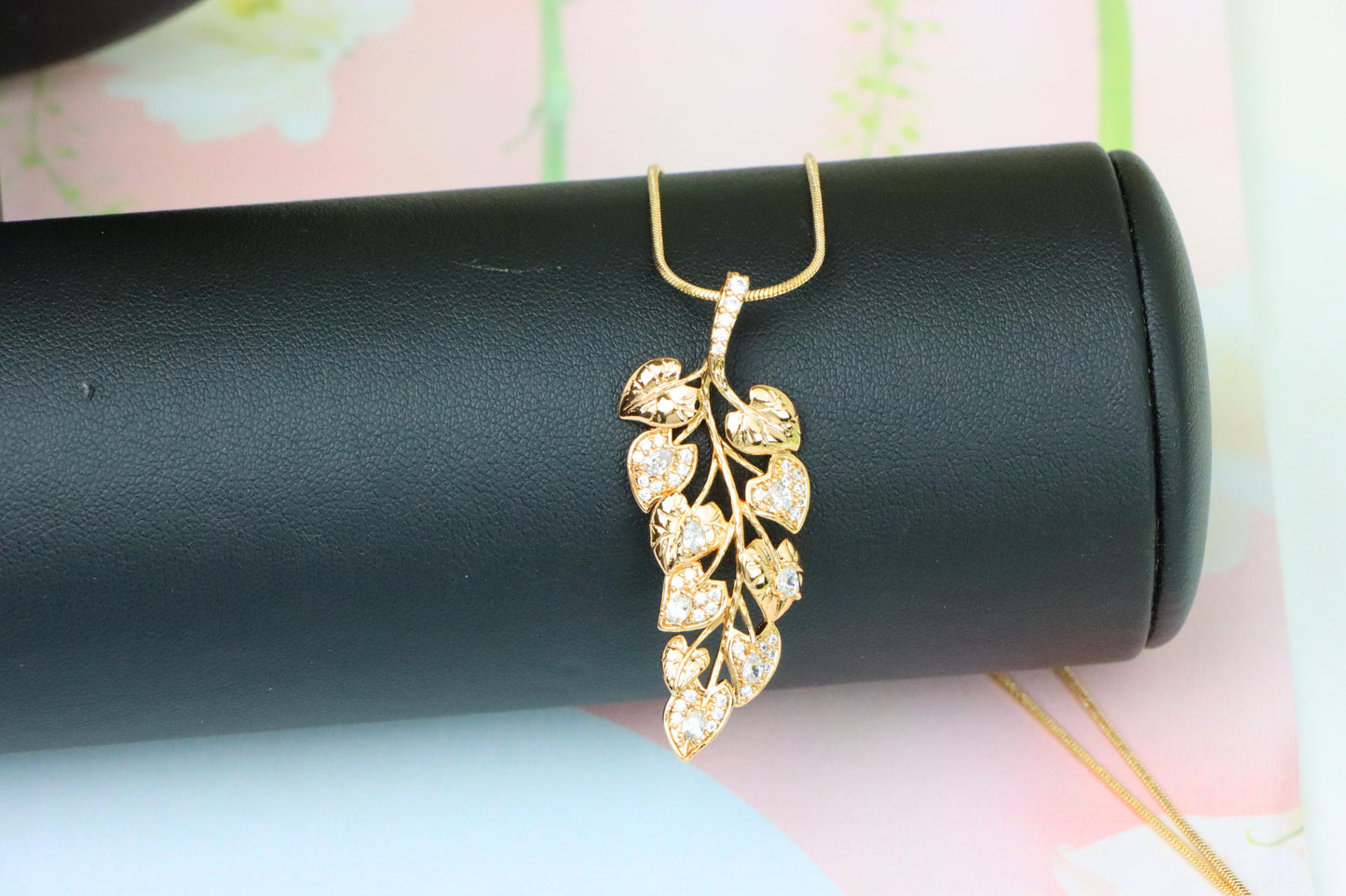 Stylish Rose Gold Leaf Necklace with Sparkling CZ, XPNL1288 (2129-4)