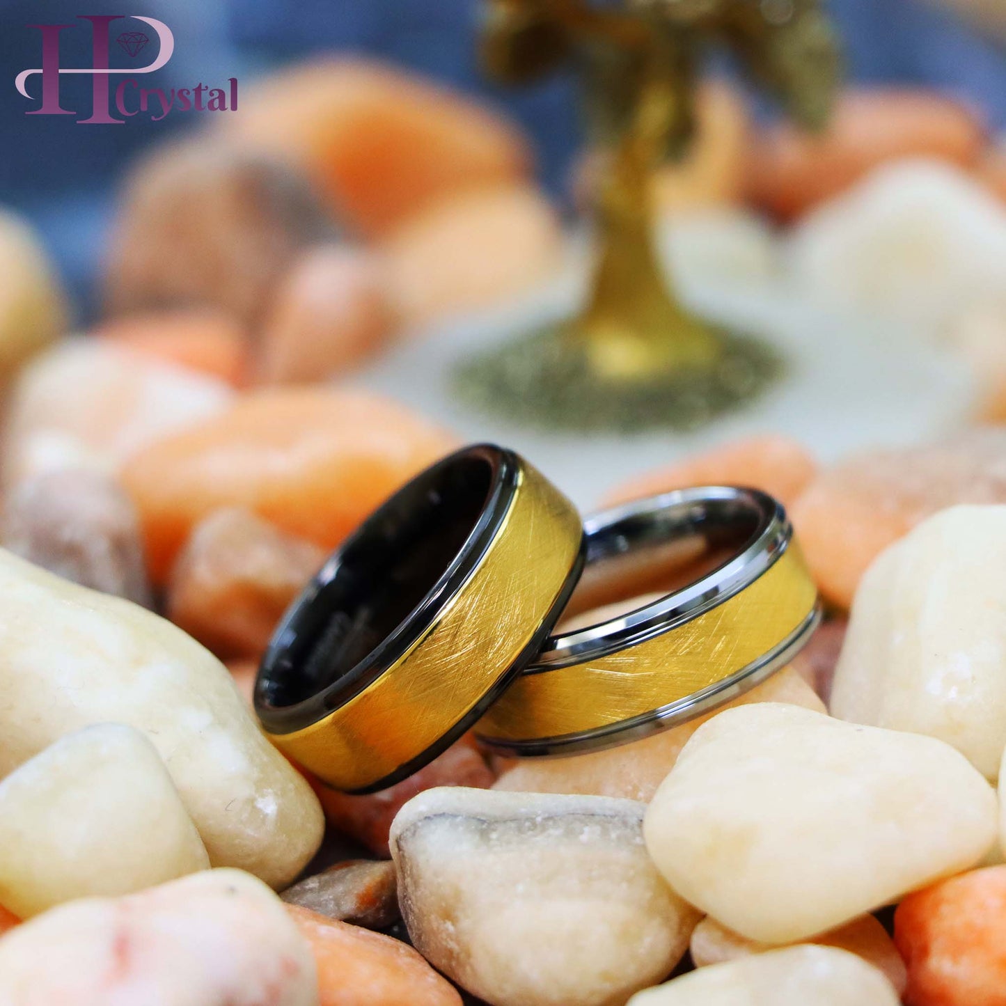 Yellow Gold IP Plated Ice Finish Center Tungsten Ring with Stepped/Beveled Edge Ring