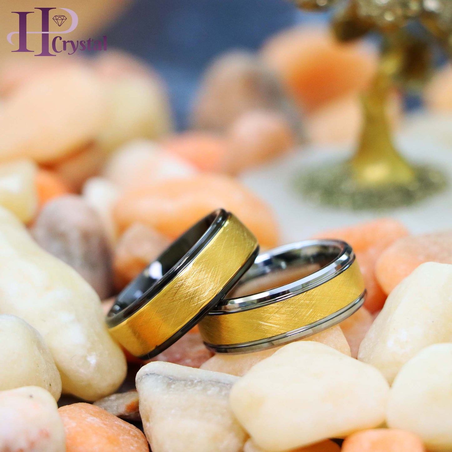 Yellow Gold IP Plated Ice Finish Center Tungsten Ring with Stepped/Beveled Edge Ring