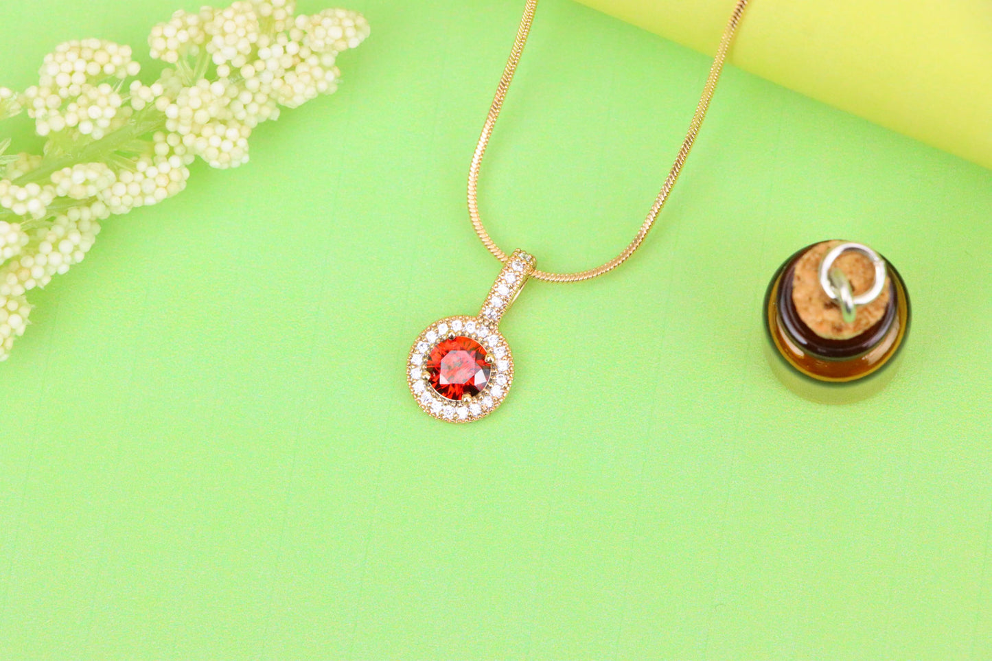 Gold Plated Round Red Stone Pendant with Halo CZ Accent Design, XPPT1742 (2151-4)