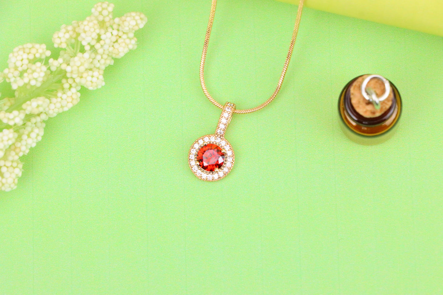 Gold Plated Round Red Stone Pendant with Halo CZ Accent Design, XPPT1742 (2151-4)