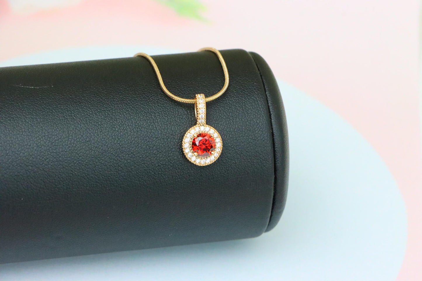 Gold Plated Round Red Stone Pendant with Halo CZ Accent Design, XPPT1742 (2151-4)