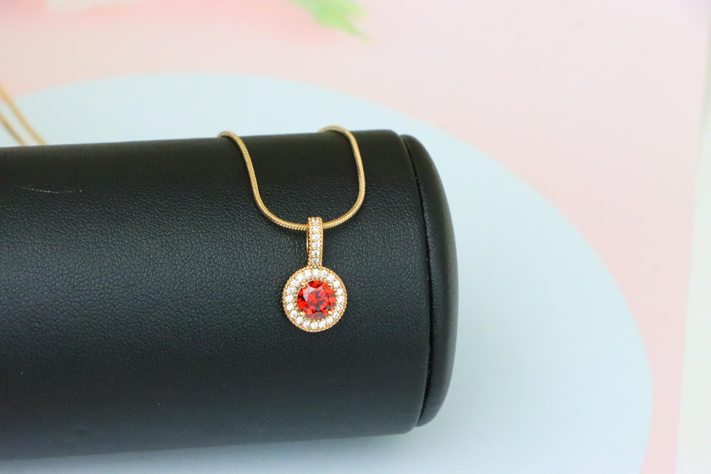 Gold Plated Round Red Stone Pendant with Halo CZ Accent Design, XPPT1742 (2151-4)