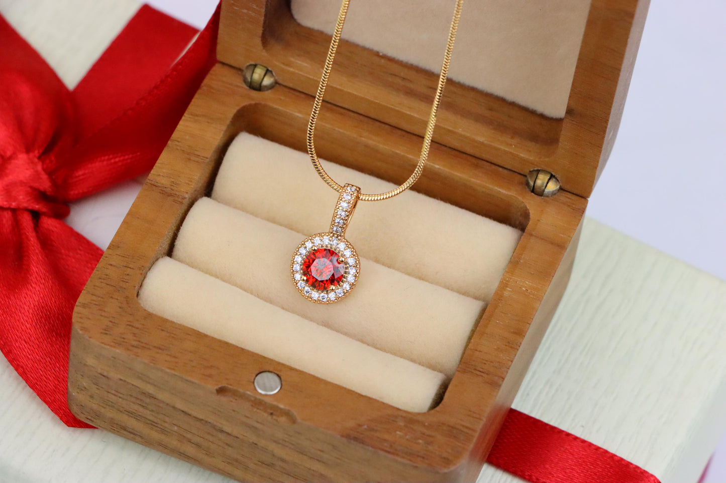 Gold Plated Round Red Stone Pendant with Halo CZ Accent Design, XPPT1742 (2151-4)