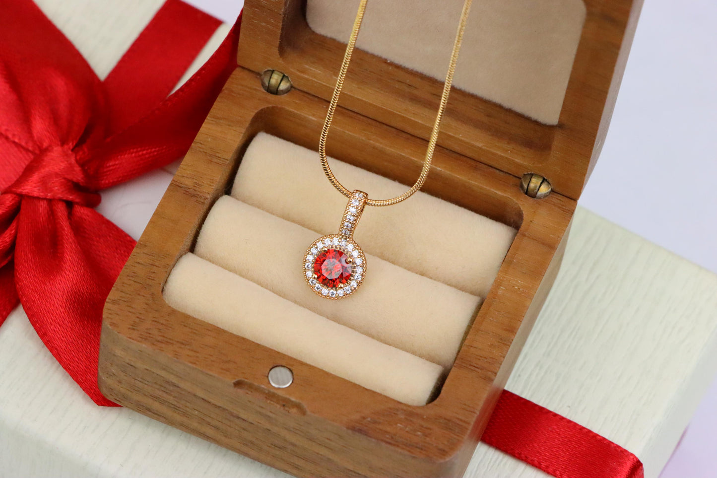 Gold Plated Round Red Stone Pendant with Halo CZ Accent Design, XPPT1742 (2151-4)