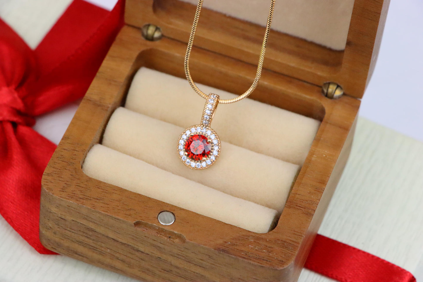 Gold Plated Round Red Stone Pendant with Halo CZ Accent Design, XPPT1742 (2151-4)
